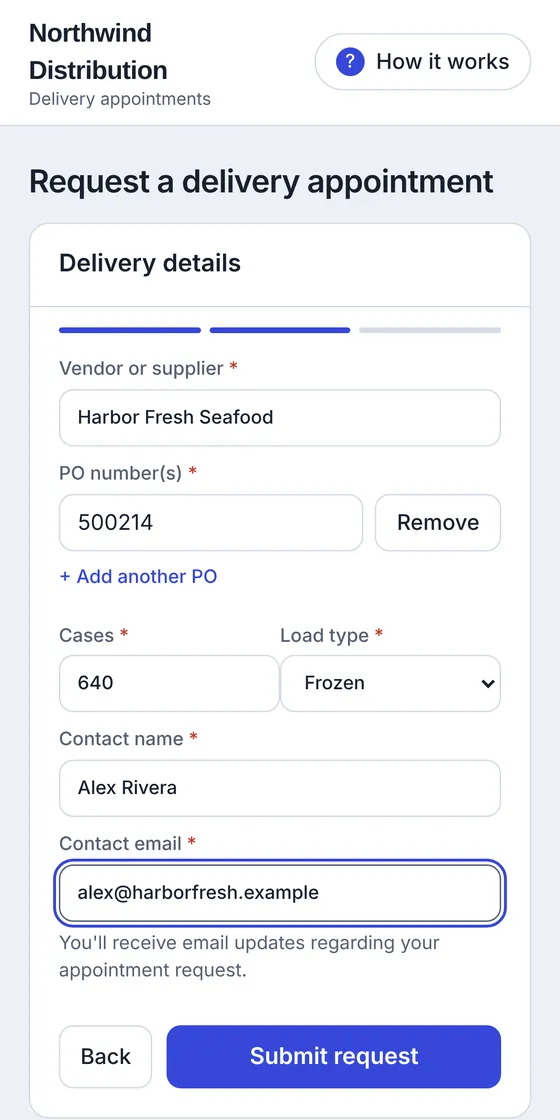 Phone screen showing the delivery details form with vendor, PO number, cases, load type and contact fields filled in.
